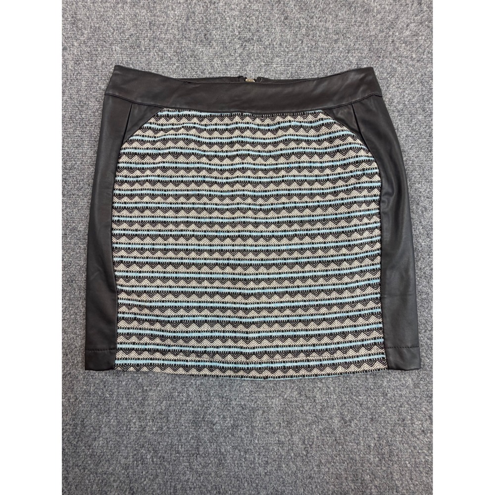 Lovposh Womens Geometric Knit Mini Skirt Faux Leather Trim Black Teal Size L